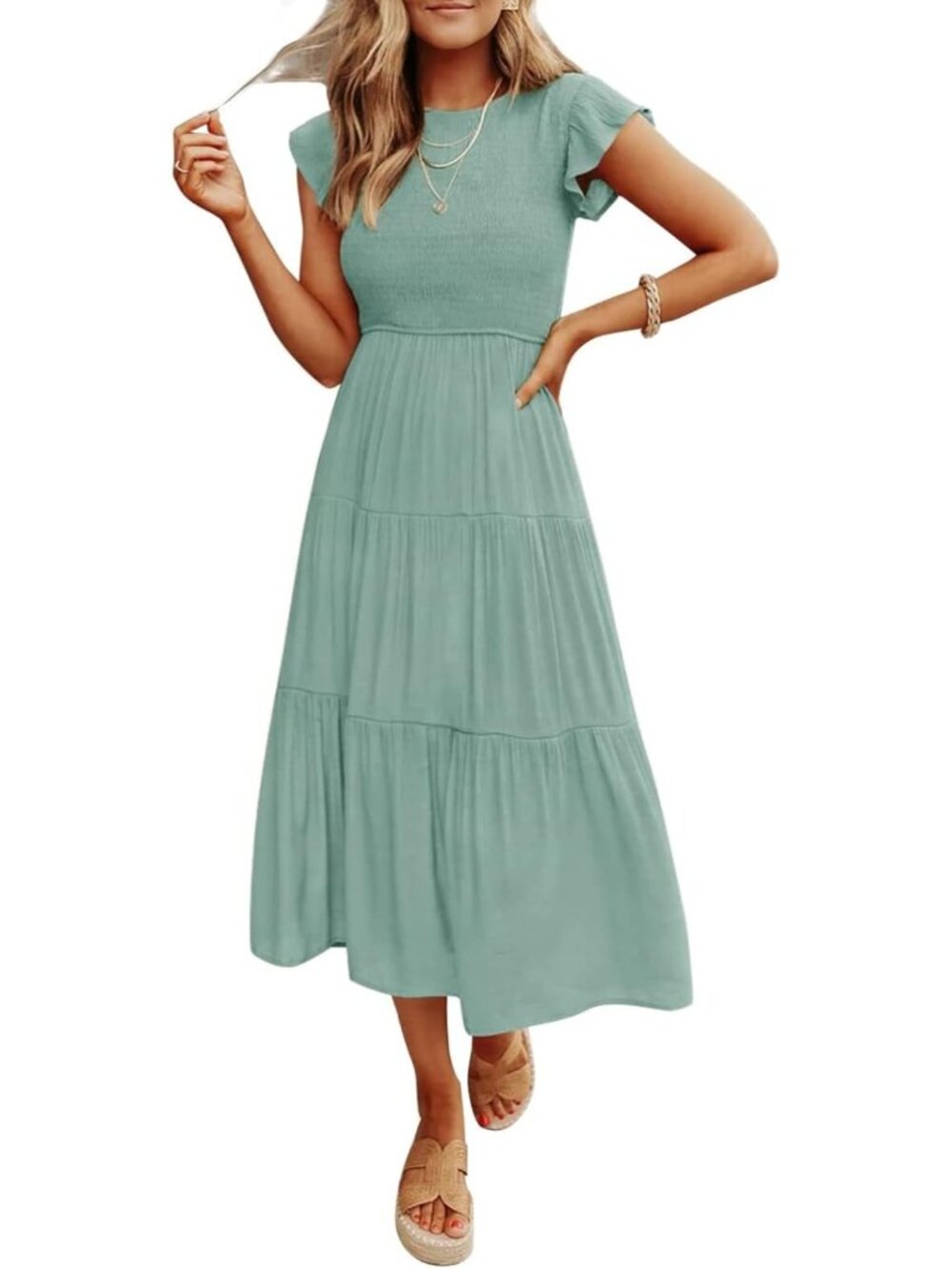 Women's Green Summer Casual Midi Dress Boho Flutter Sleeve Crew Neck Smocked